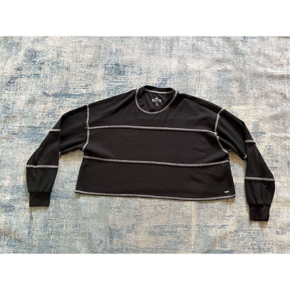 Hollister White Gray Stripe Waffle Knit Wide Relaxed Fit Long Sleeve Crop Top XS